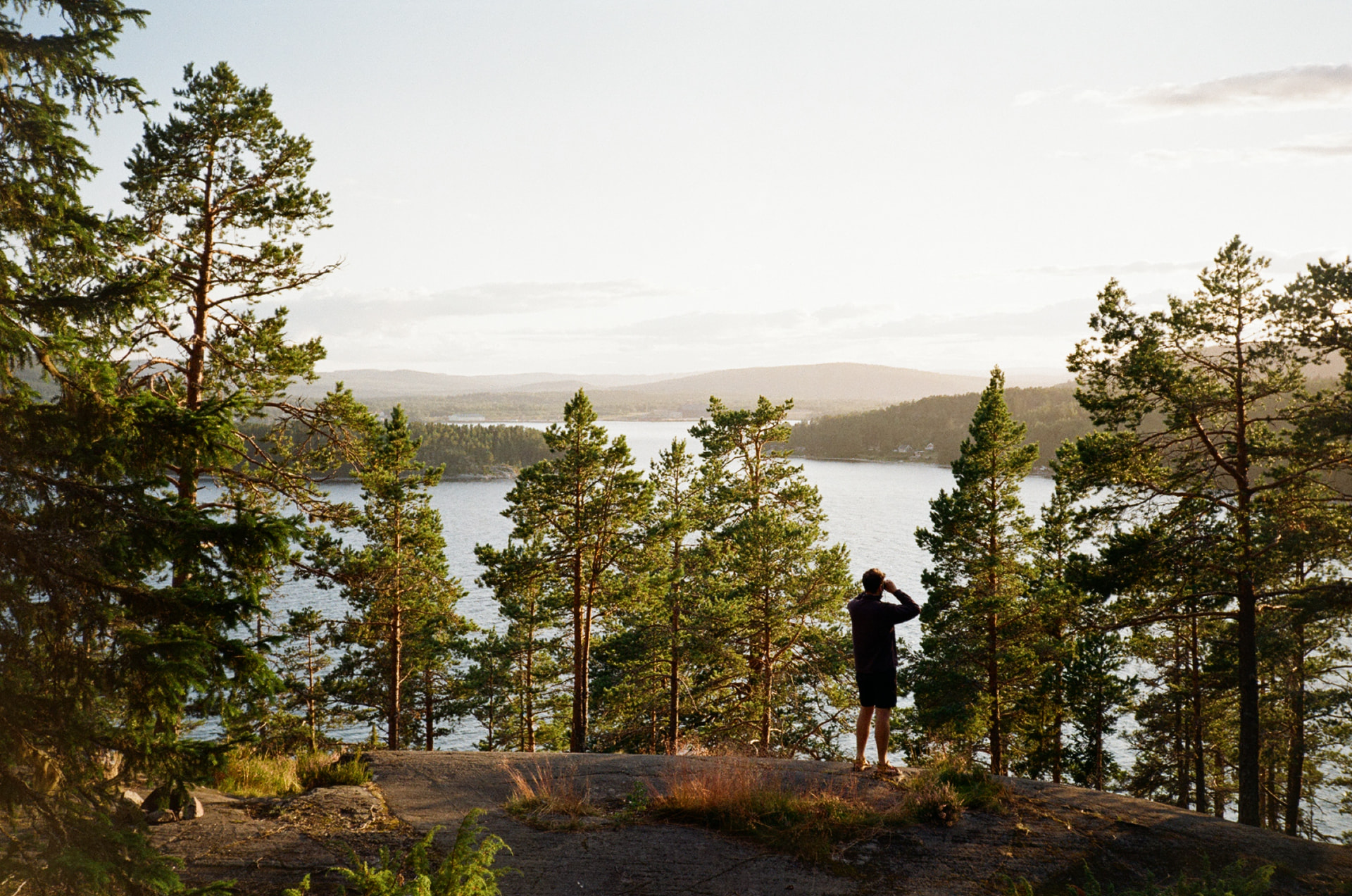 A walker overlooking a forested Swedish archipelago